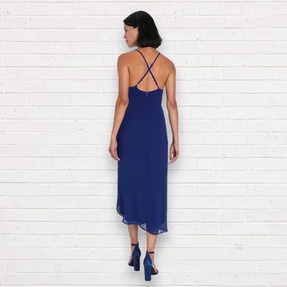 NWT LULU'S Stylish Invite Dark Blue Swiss Dot Surplice Midi Tulip Lulu Dress L - Picture 8 of 11